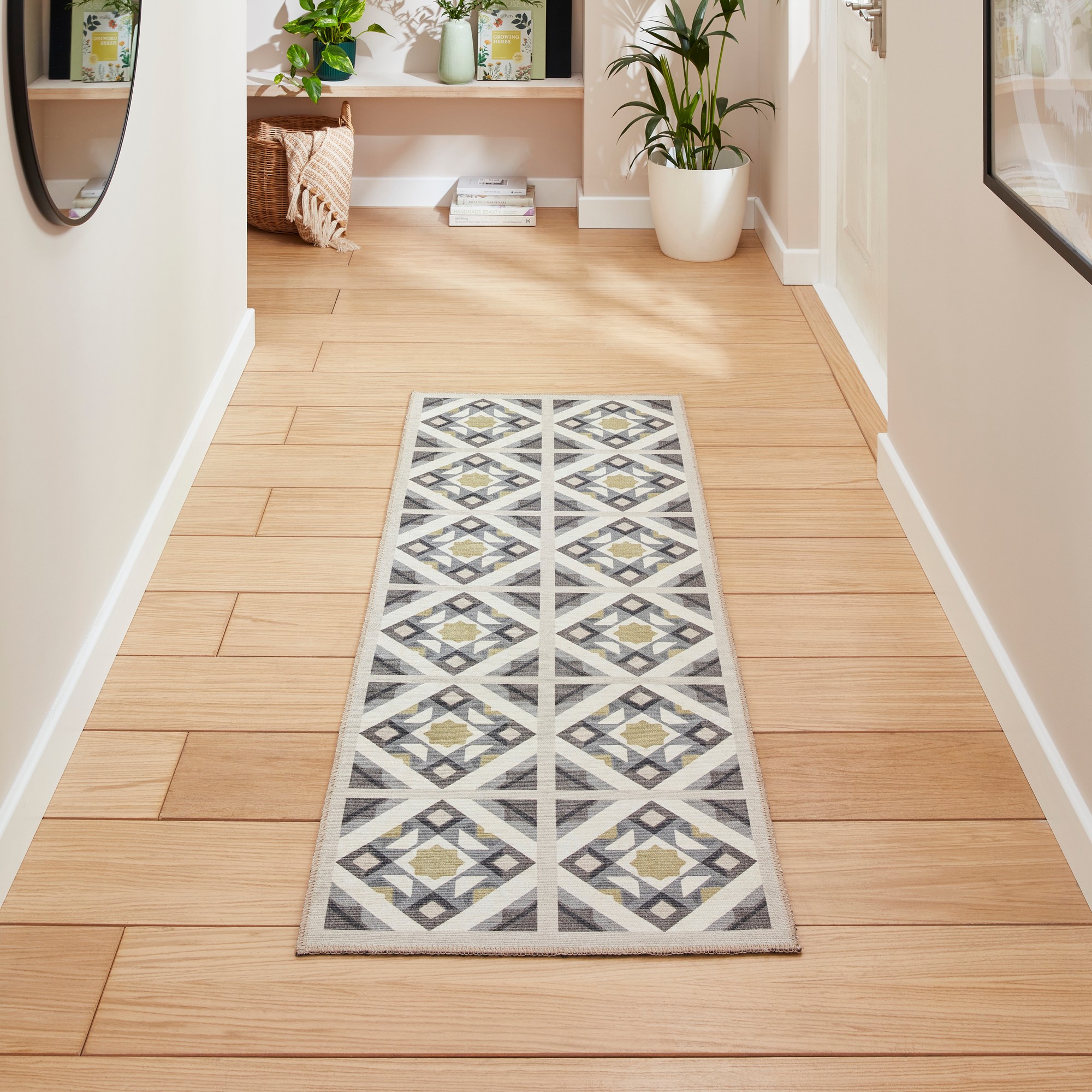 Victoria H1187 Modern Geometric Washable Runner Rugs In Grey Yellow